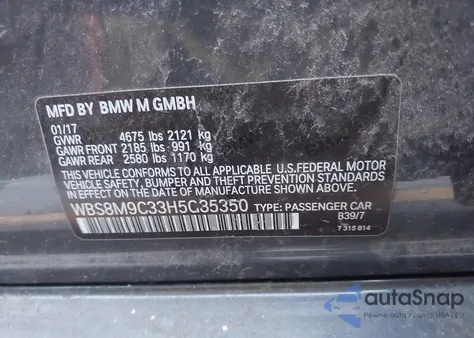 2017 BMW M3 из США, поврежденный, VIN WBS8M9C33H5G85350